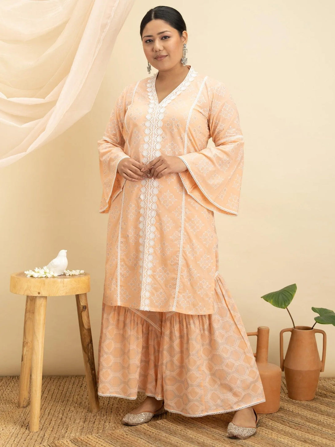 Plus Size Peach Printed Cotton Kurta Set - Jashvi