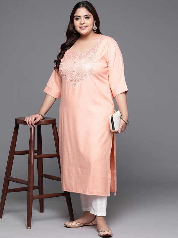 Plus Size Peach Printed Rayon Straight Kurta - Jashvi