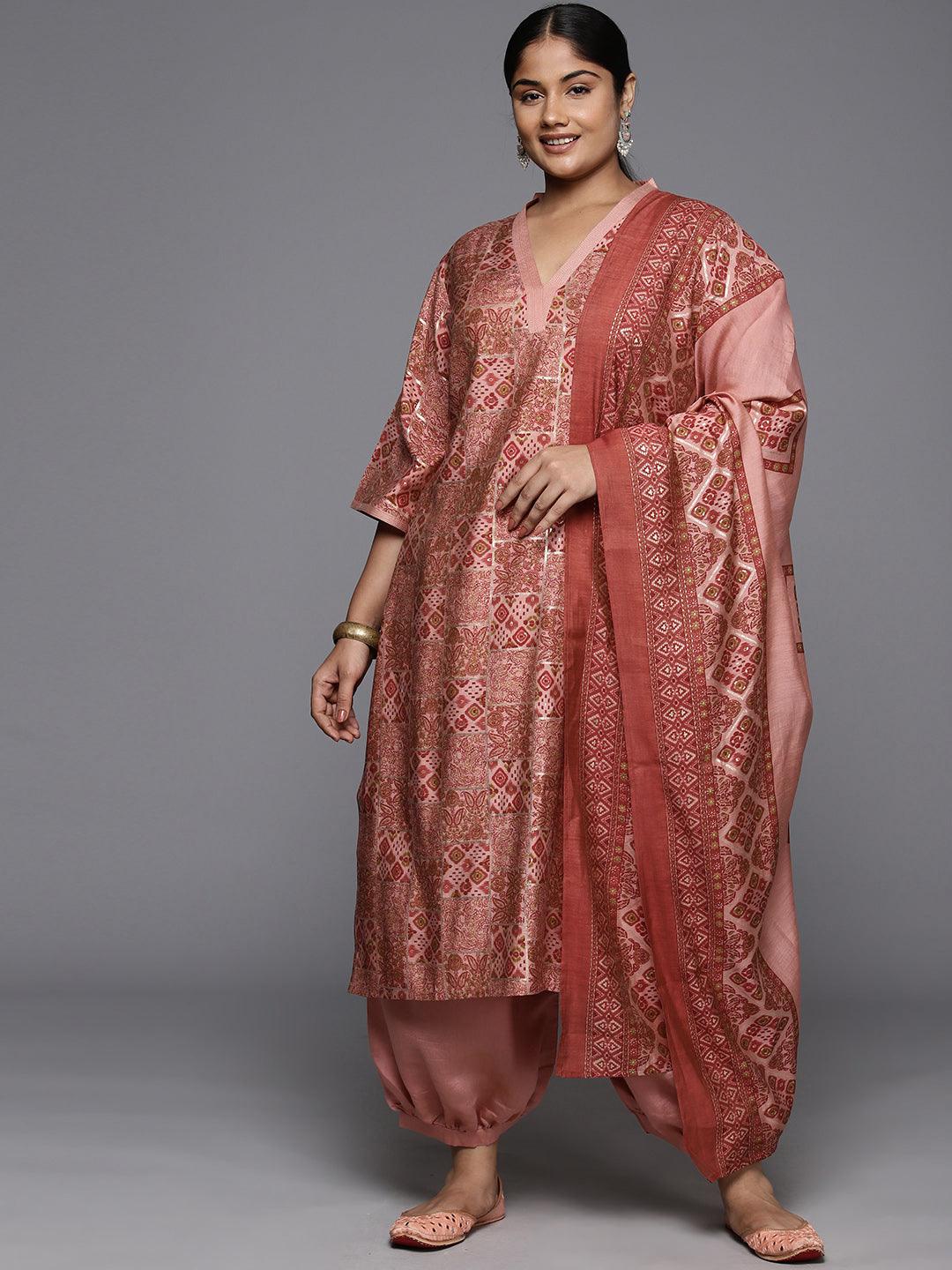 Plus Size Peach Printed Silk Blend Straight Kurta With Salwar & Dupatta - Jashvi