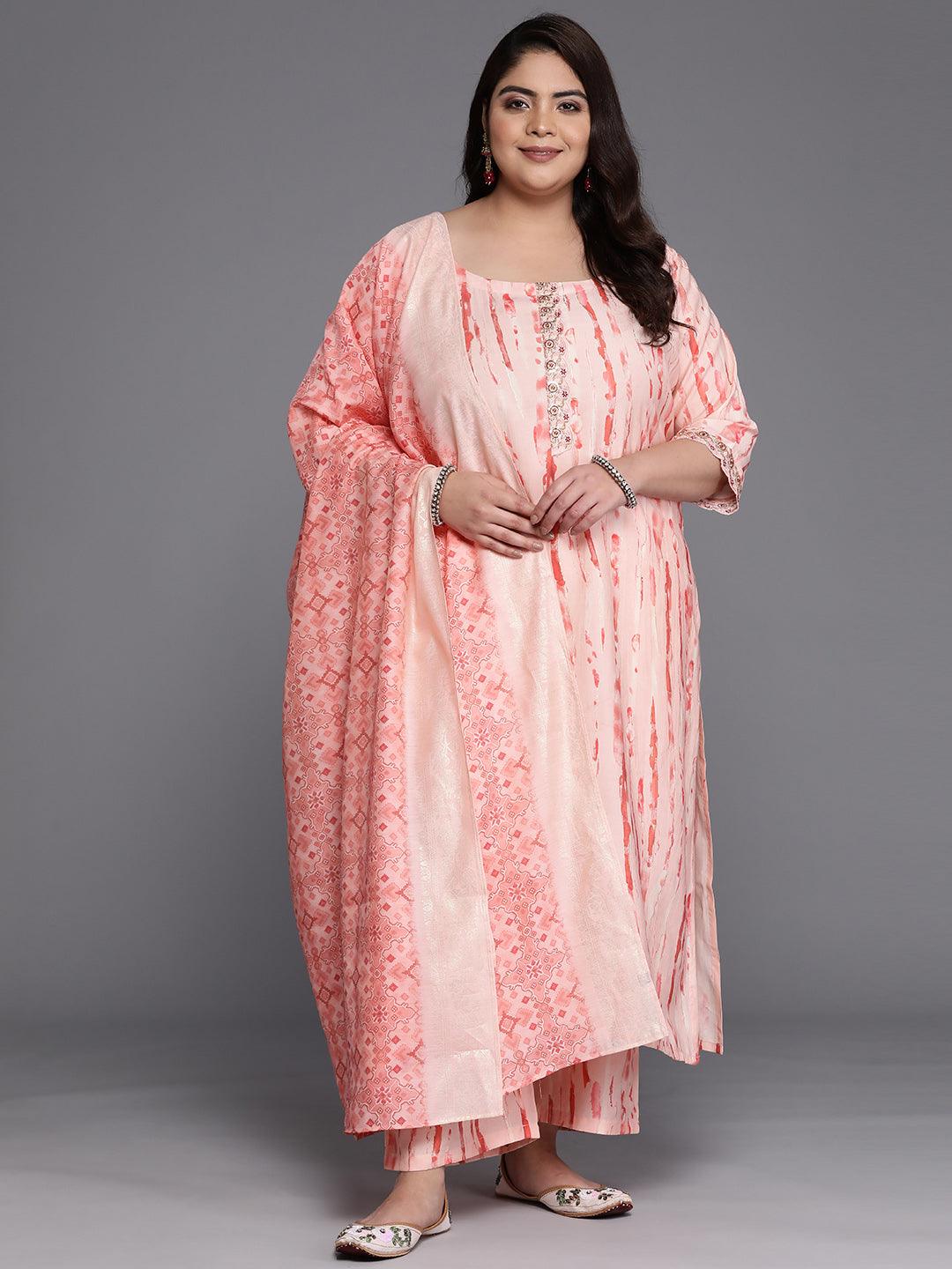 Plus Size Peach Printed Silk Blend Straight Suit Set - Jashvi