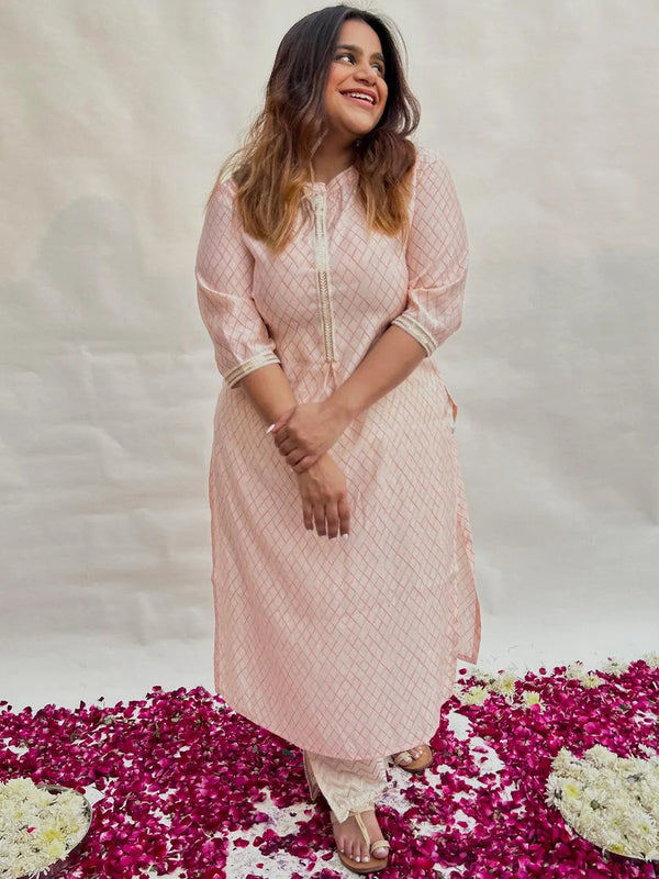 Plus Size Peach Printed Silk Straight Kurta - Jashvi