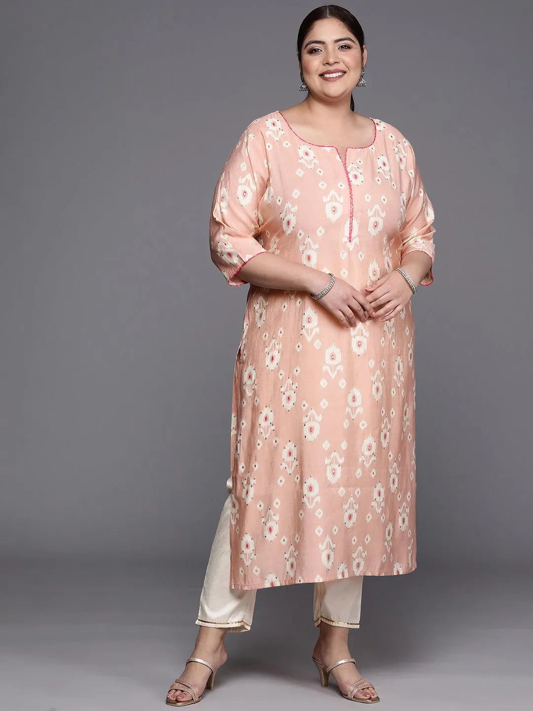 Plus Size Peach Printed Silk Straight Kurta - Jashvi