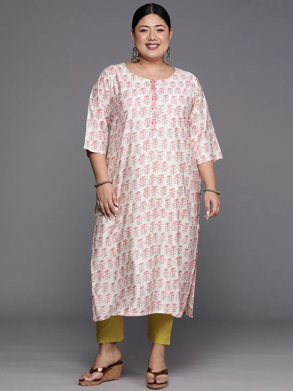 Plus Size Peach Printed Silk Straight Kurta - Jashvi