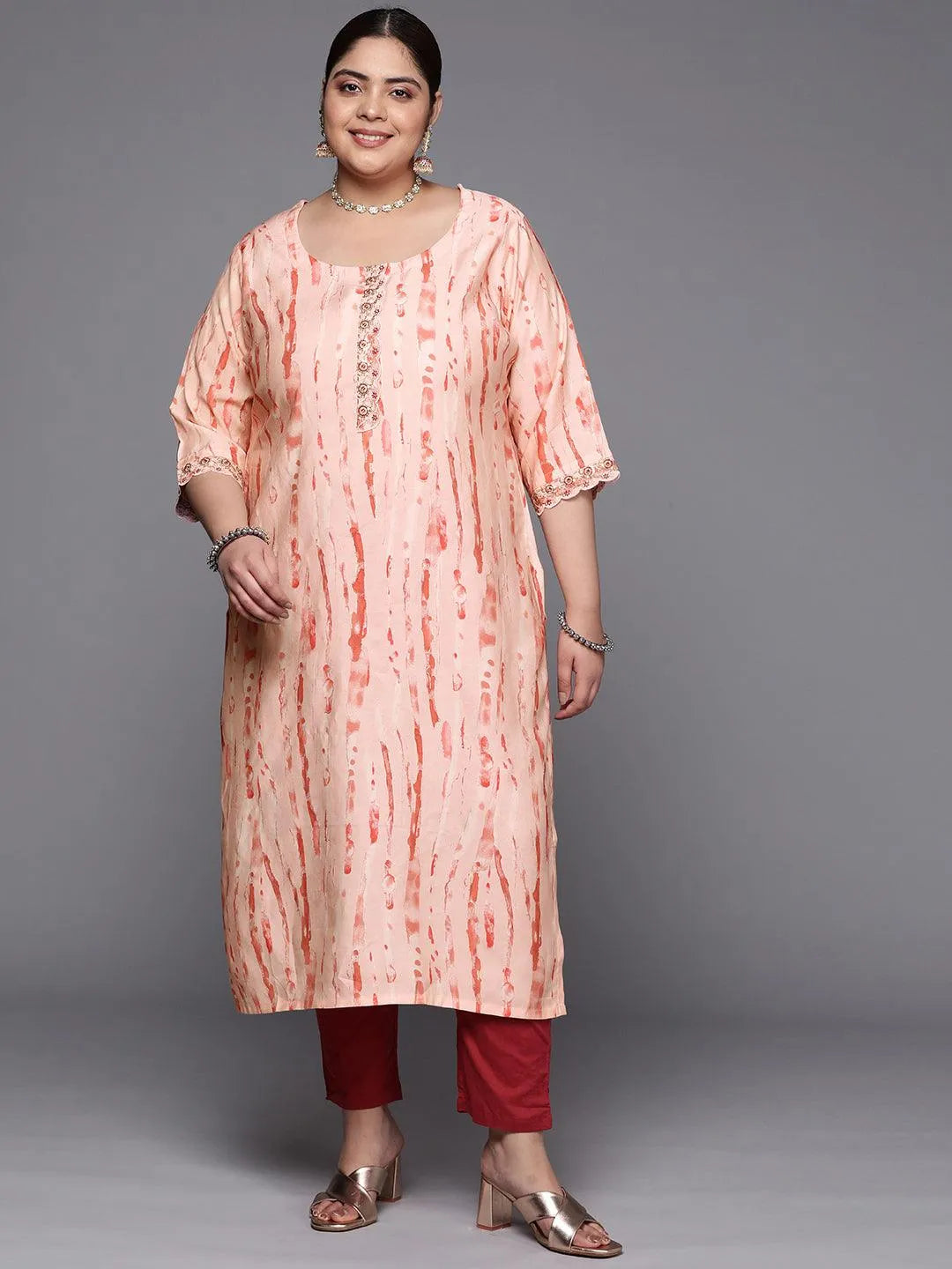 Plus Size Peach Printed Silk Straight Kurta - Jashvi