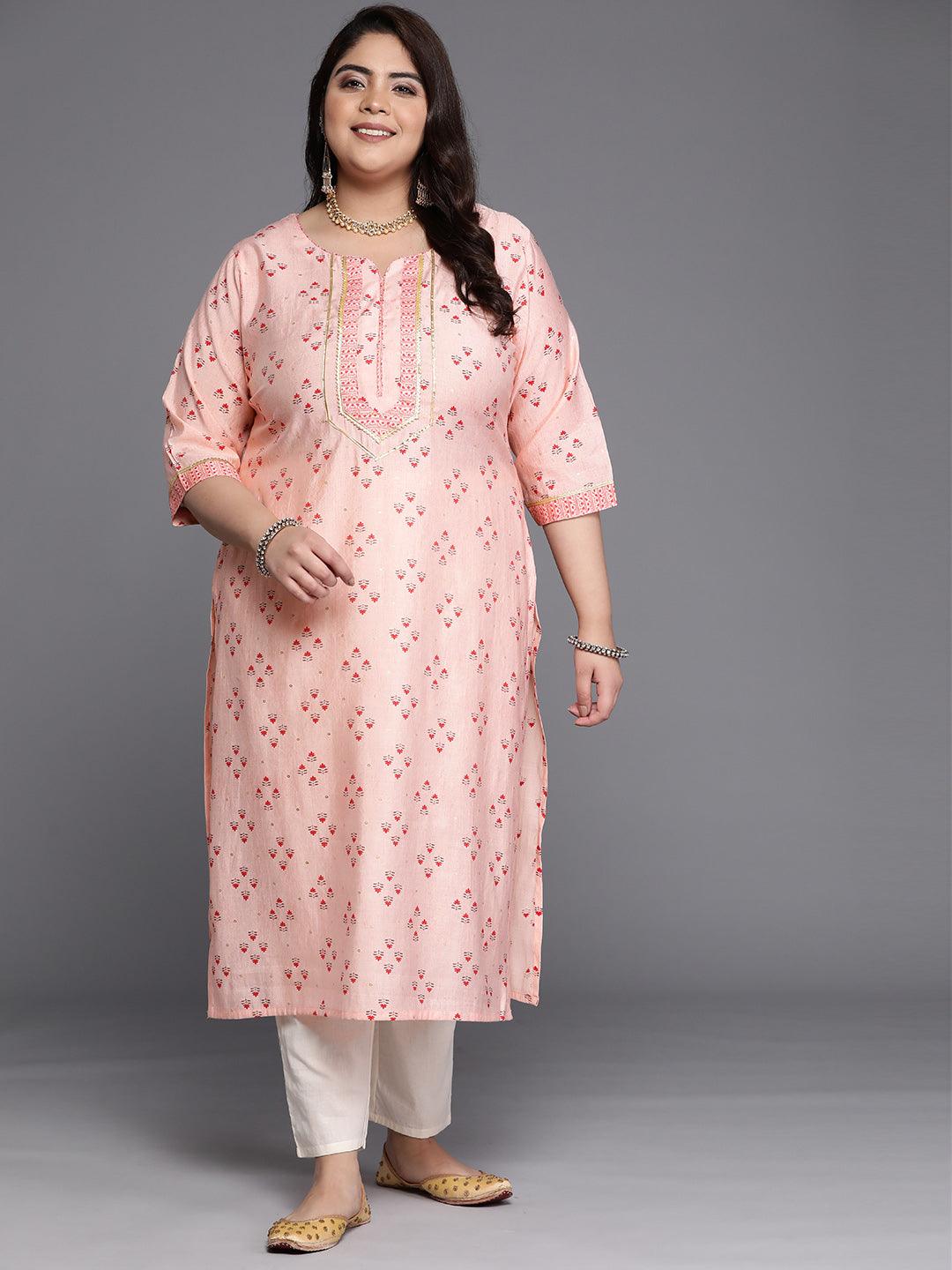 Plus Size Peach Printed Silk Straight Kurta - Jashvi