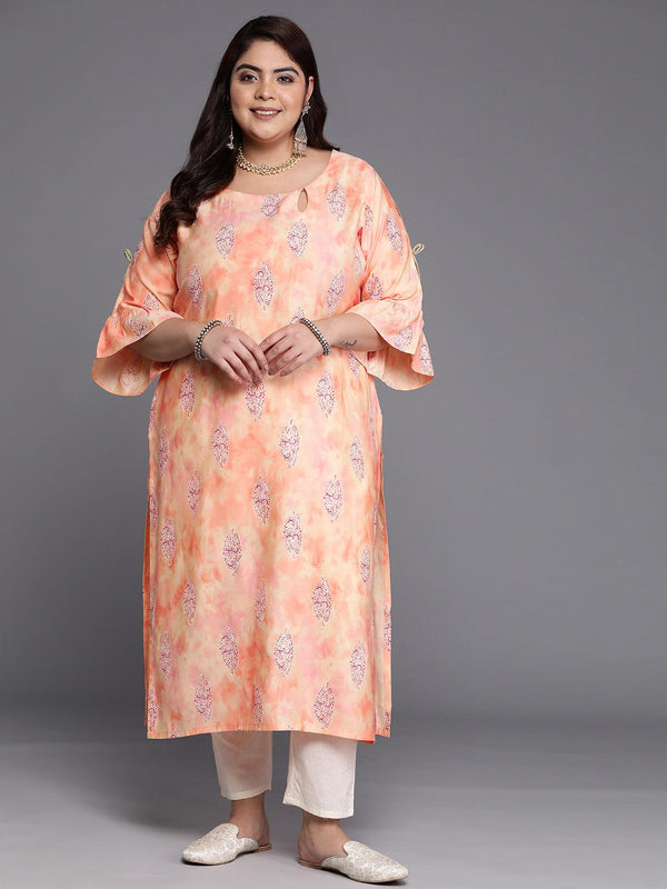 Plus Size Peach Printed Silk Straight Kurta - Jashvi