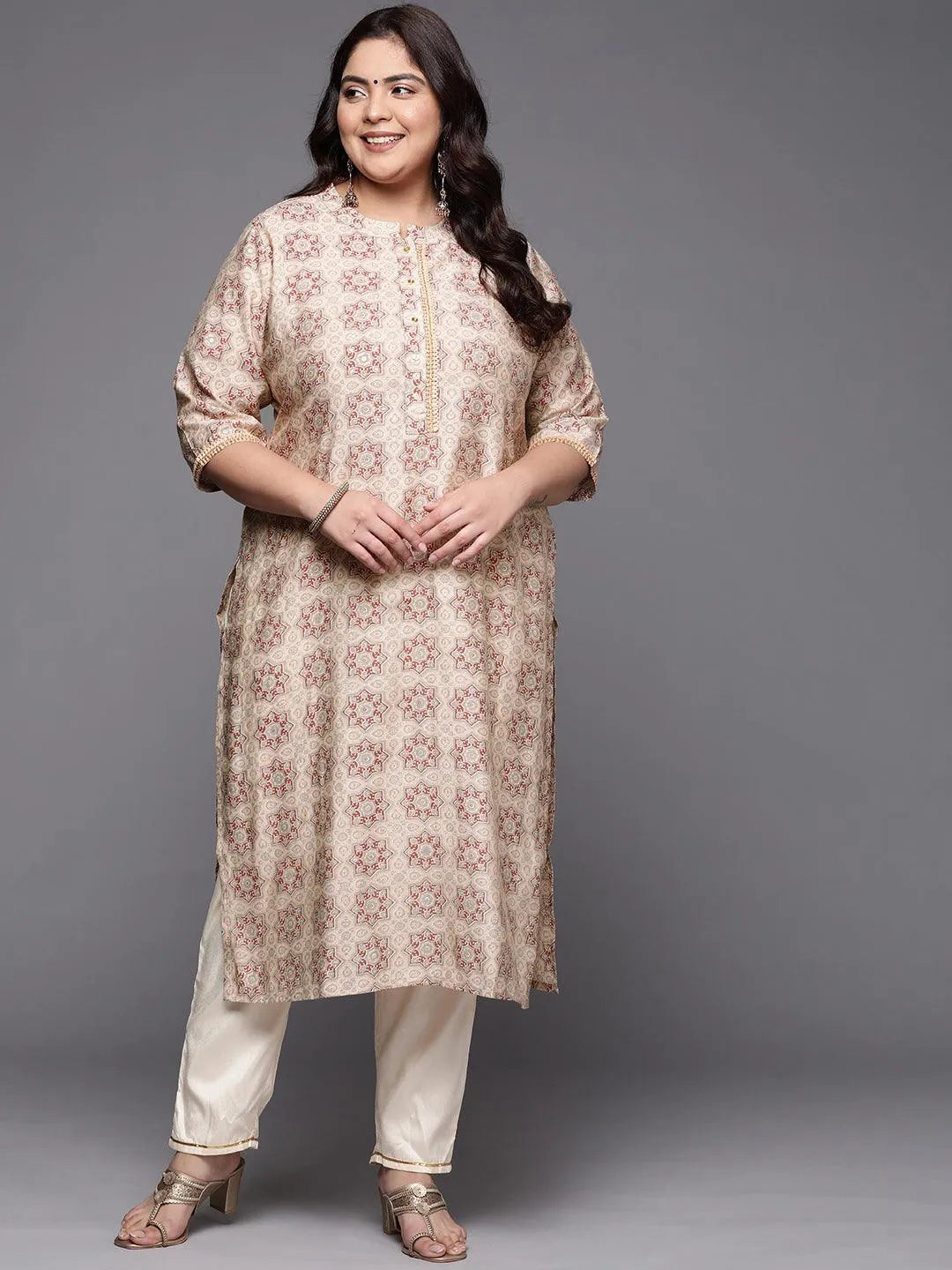 Plus Size Peach Printed Silk Straight Kurta - Jashvi