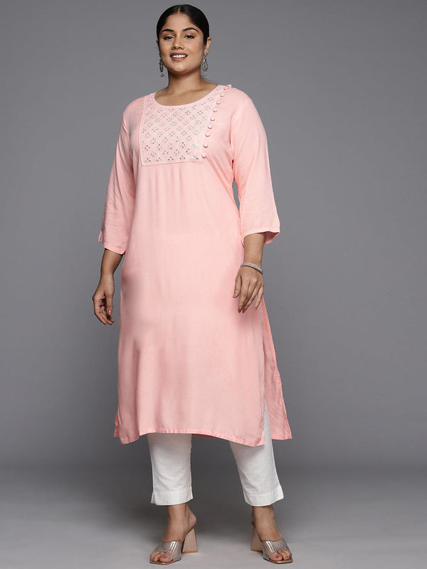 Plus Size Peach Rayon Yoke Design Straight Kurta - Jashvi