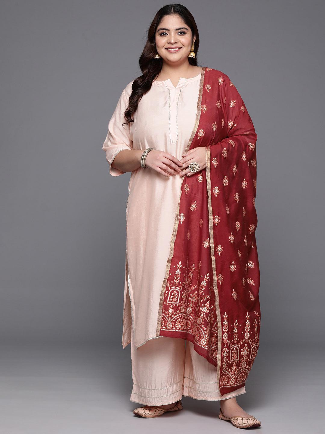 Plus Size Peach Solid Silk Blend Straight Kurta With Palazzos & Dupatta - Jashvi