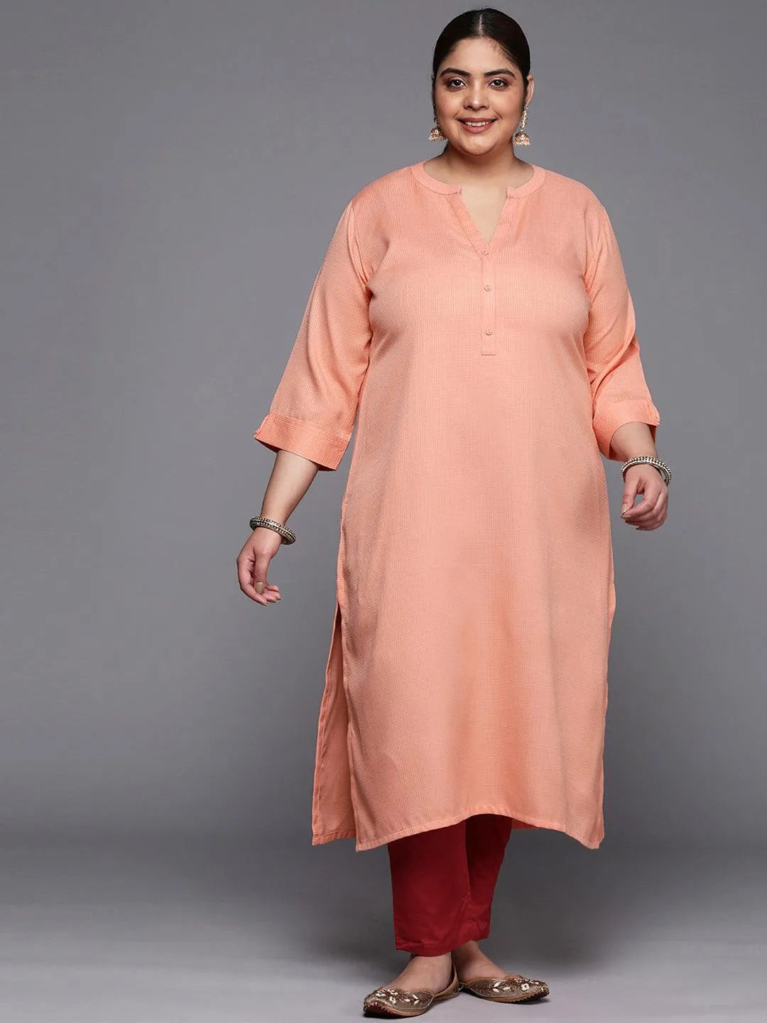 Plus Size Peach Woven Design Rayon Straight Kurta - Jashvi