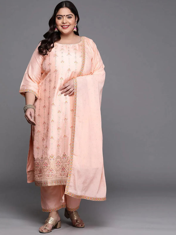 Plus Size Peach Woven Design Silk Blend Suit Set - Jashvi