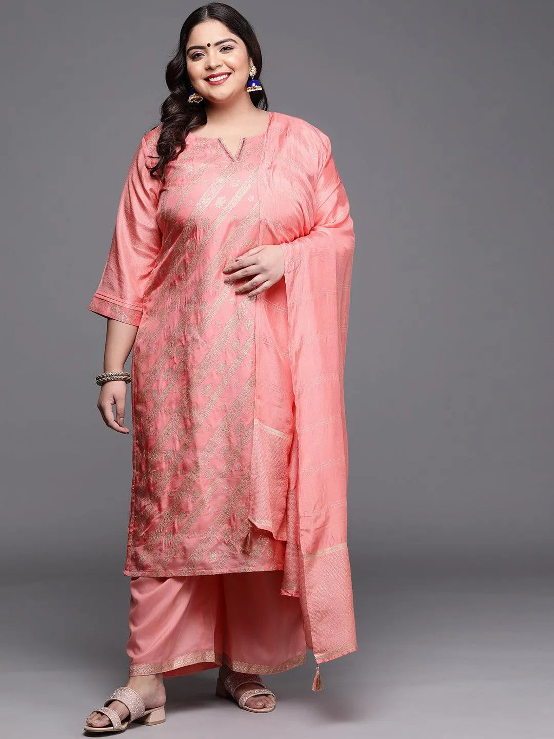 Plus Size Peach Woven Design Silk Blend Suit Set - Jashvi