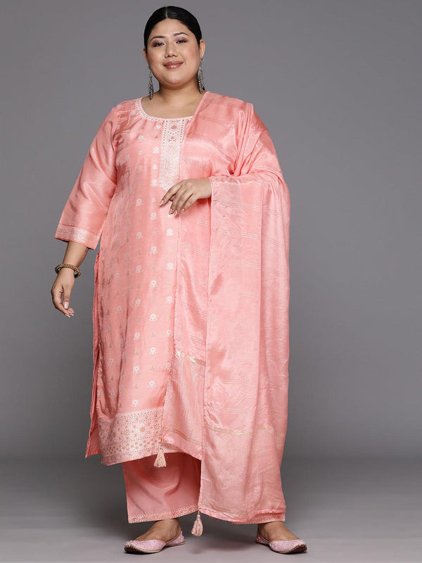 Plus Size Peach Woven Design Silk Blend Straight Suit Set - Jashvi