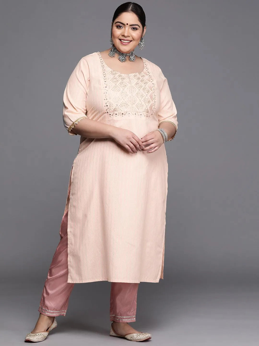 Plus Size Peach Yoke Design Cotton Silk Kurta - Jashvi