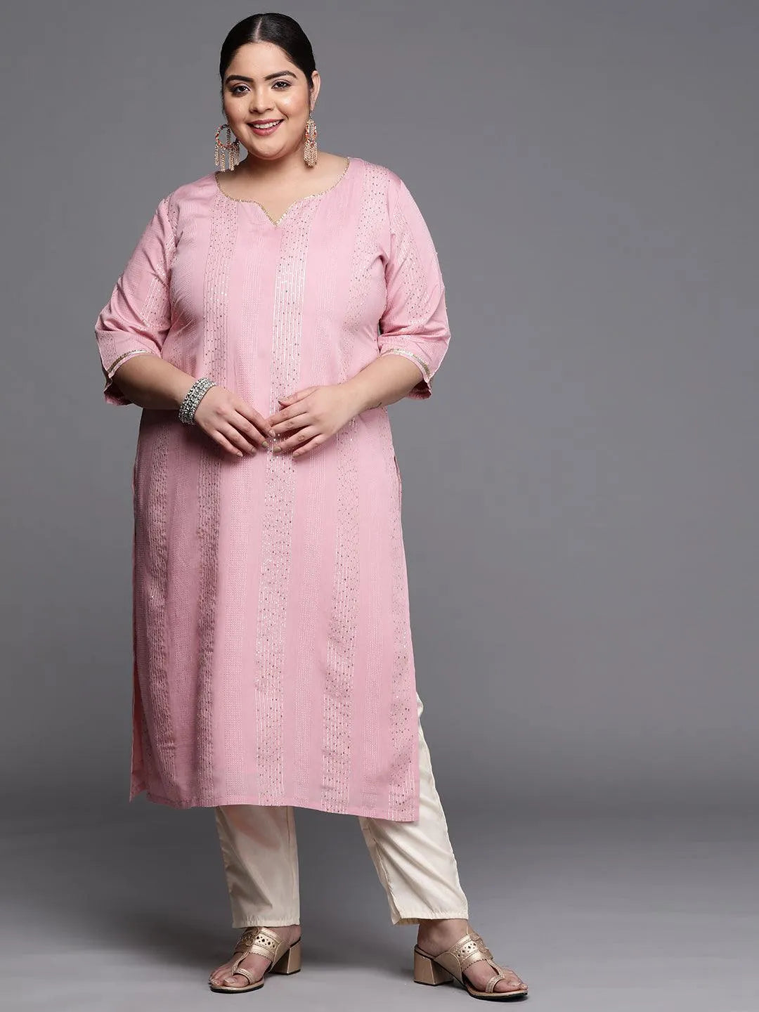 Plus Size Pink Embellished Chanderi Silk Kurta - Jashvi