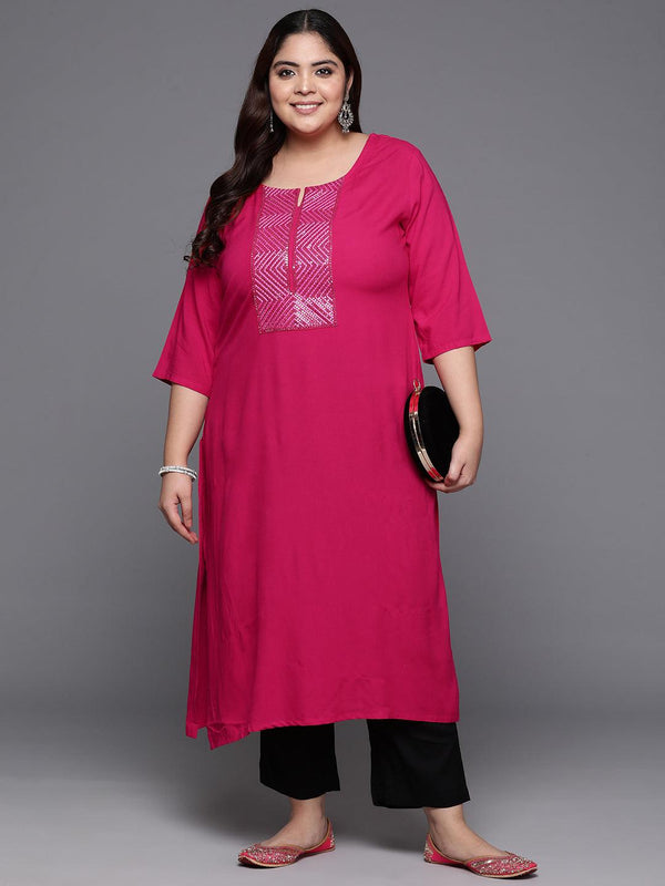 Plus Size Pink Embellished Rayon Straight Kurta - Jashvi