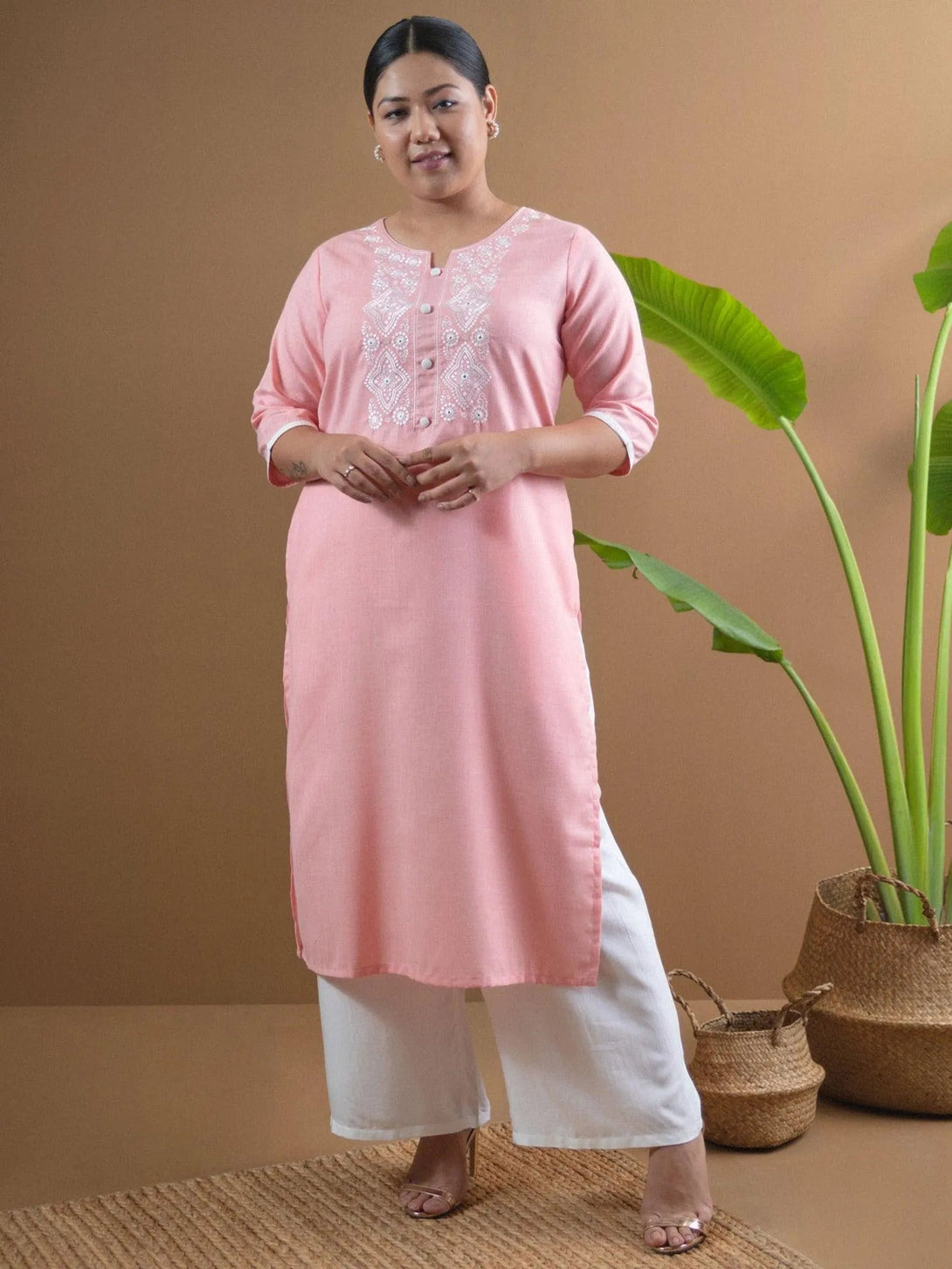 Plus Size Pink Embroidered Cotton Kurta - Jashvi