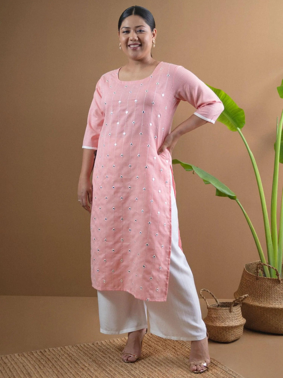 Plus Size Pink Embroidered Cotton Kurta - Jashvi