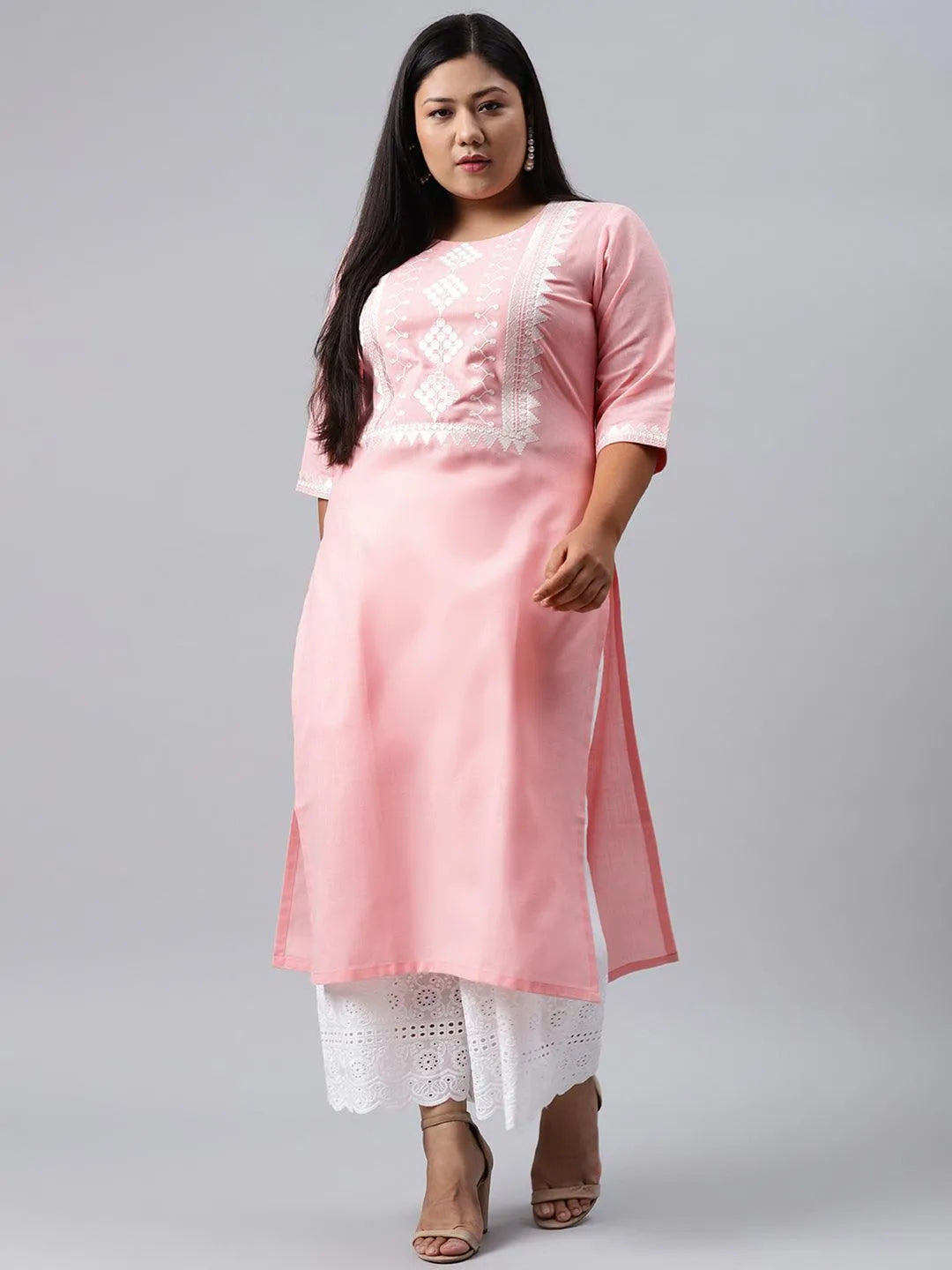 Plus Size Pink Embroidered Cotton Kurta - Jashvi