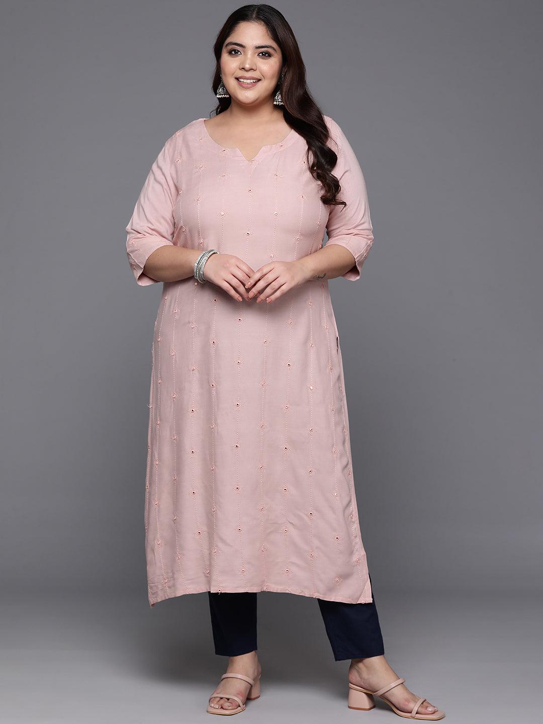 Plus Size Pink Embroidered Rayon Straight Kurta - Jashvi