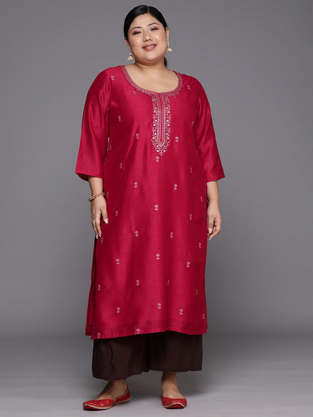 Plus Size Pink Embroidered Silk Straight Kurta - Jashvi