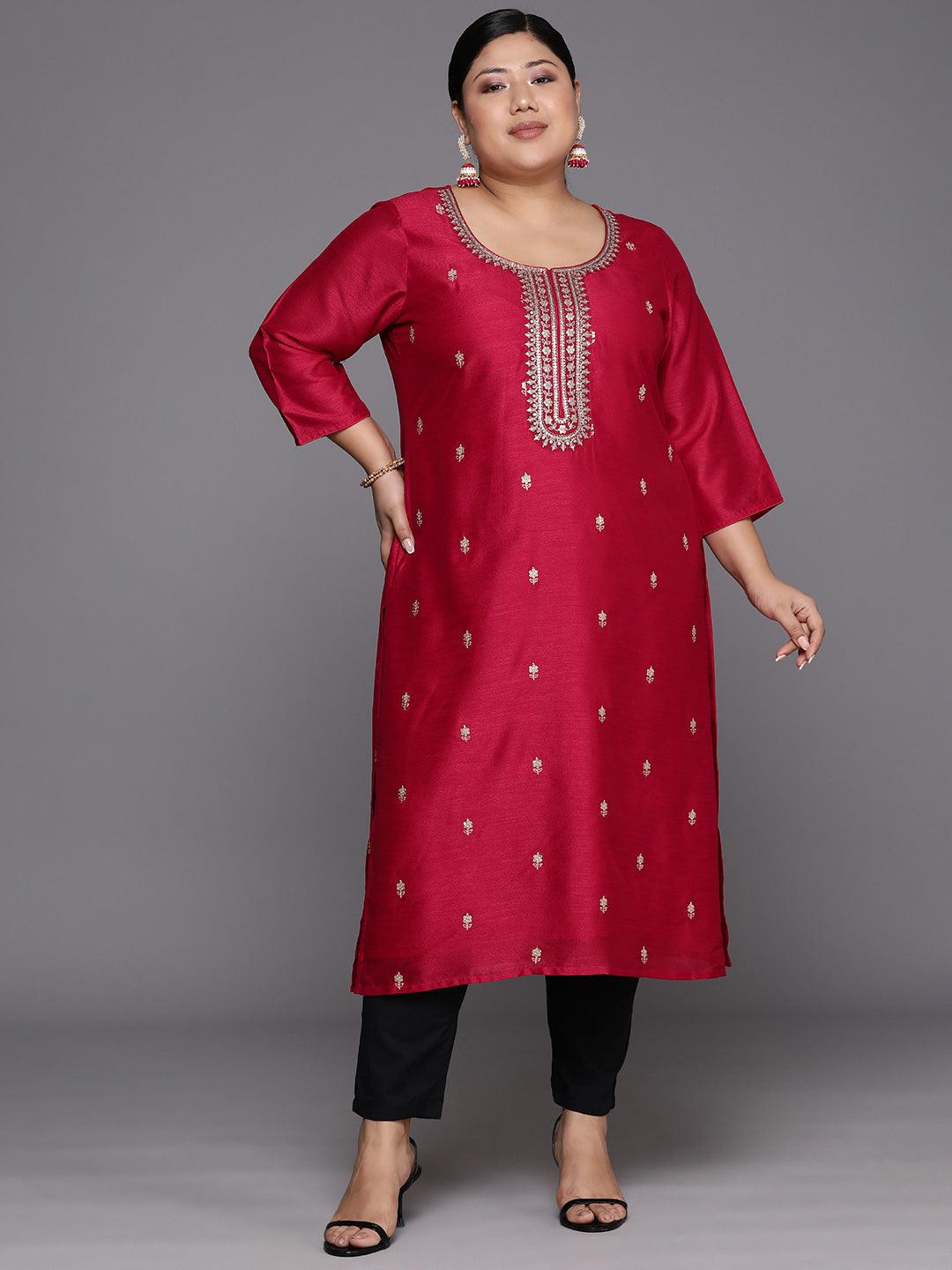 Plus Size Pink Embroidered Silk Straight Kurta - Jashvi