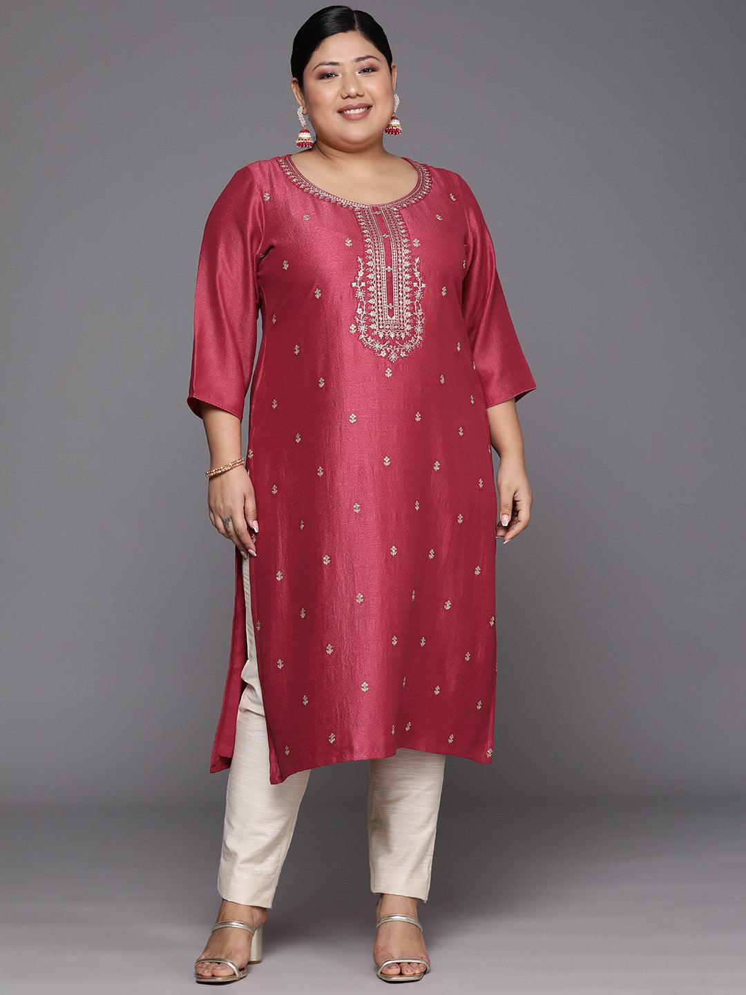 Plus Size Pink Embroidered Silk Straight Kurta - Jashvi