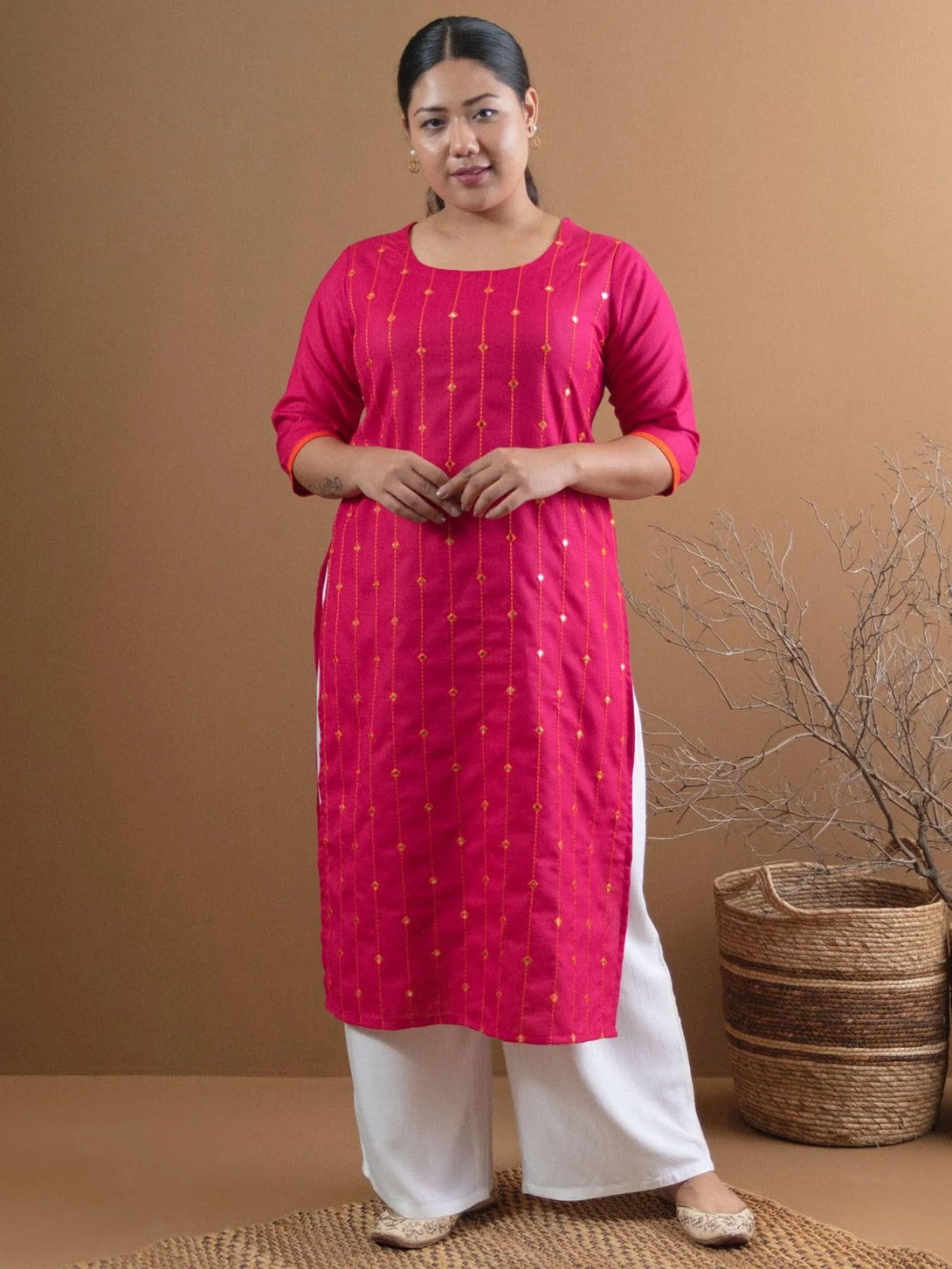 Plus Size Pink Mirror Work Cotton Kurta - Jashvi