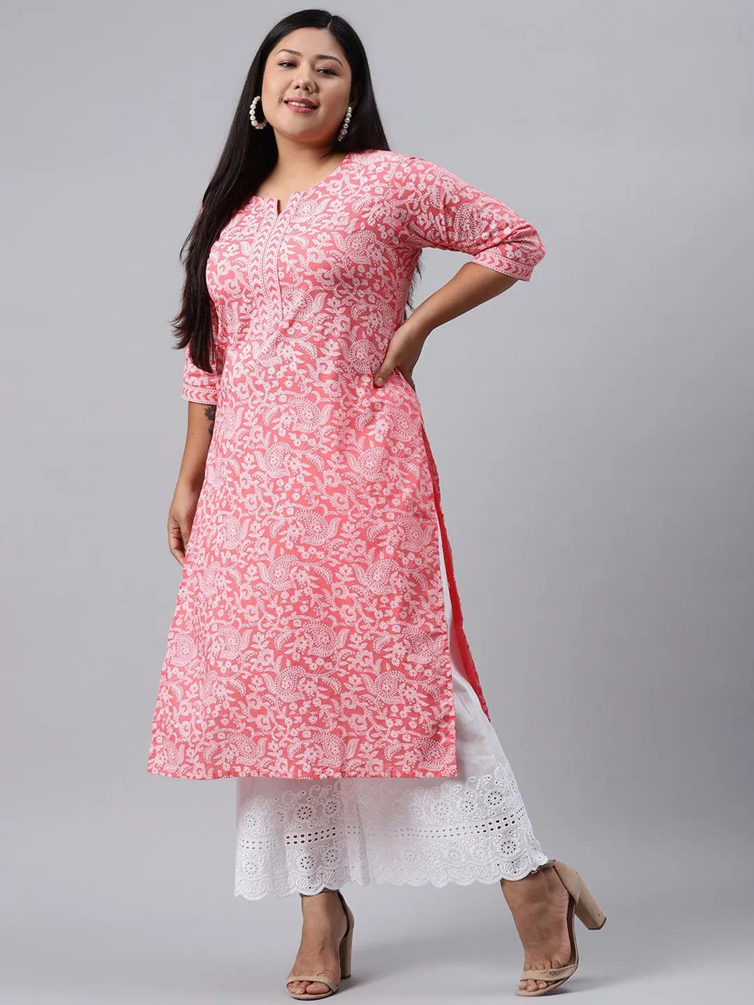 Plus Size Pink Printed Cotton Kurta - Jashvi