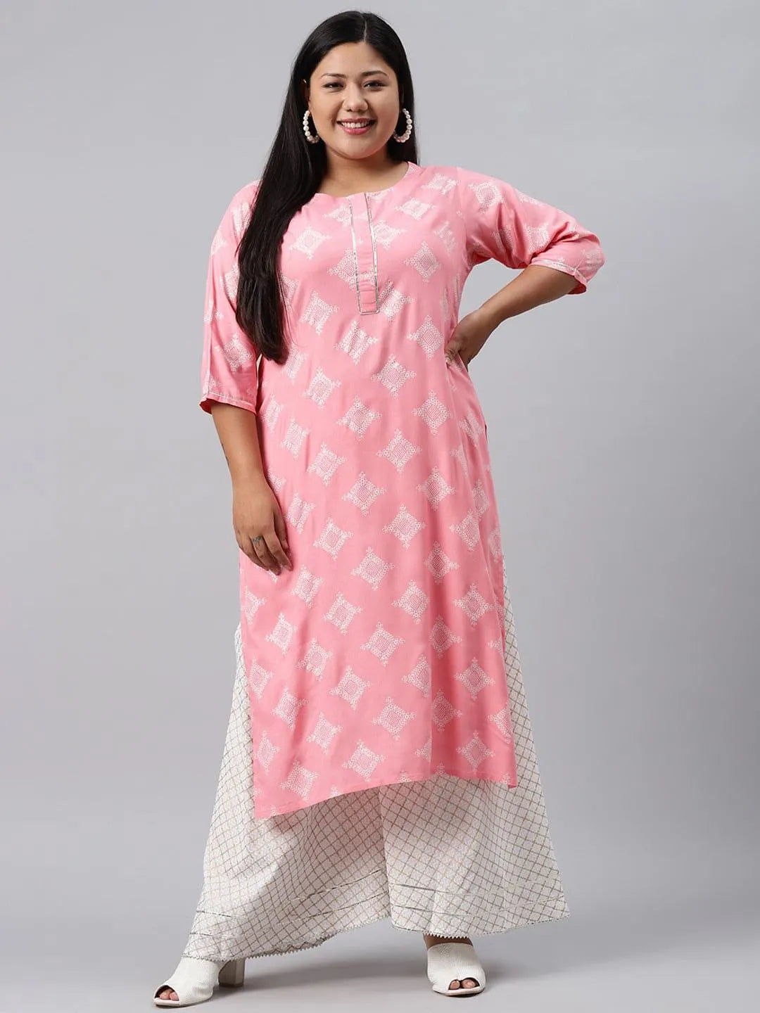 Plus Size Pink Printed Cotton Kurta - Jashvi