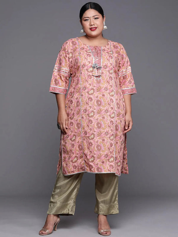 Plus Size Pink Printed Cotton Kurta - Jashvi