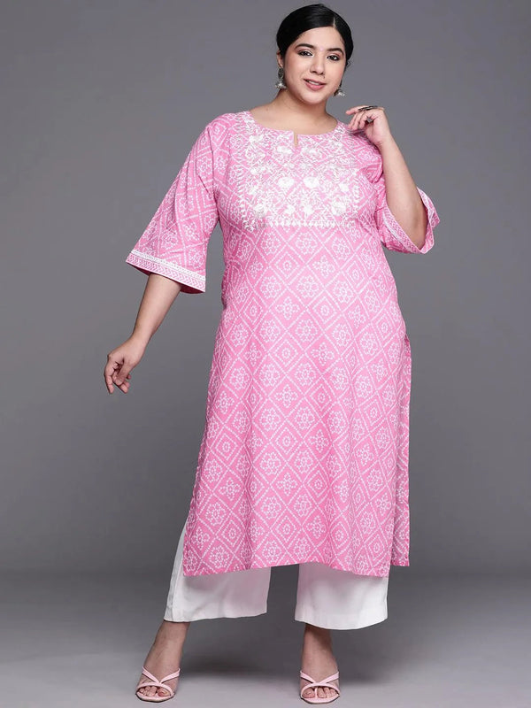 Plus Size Pink Yoke Design Cotton Kurta - Jashvi