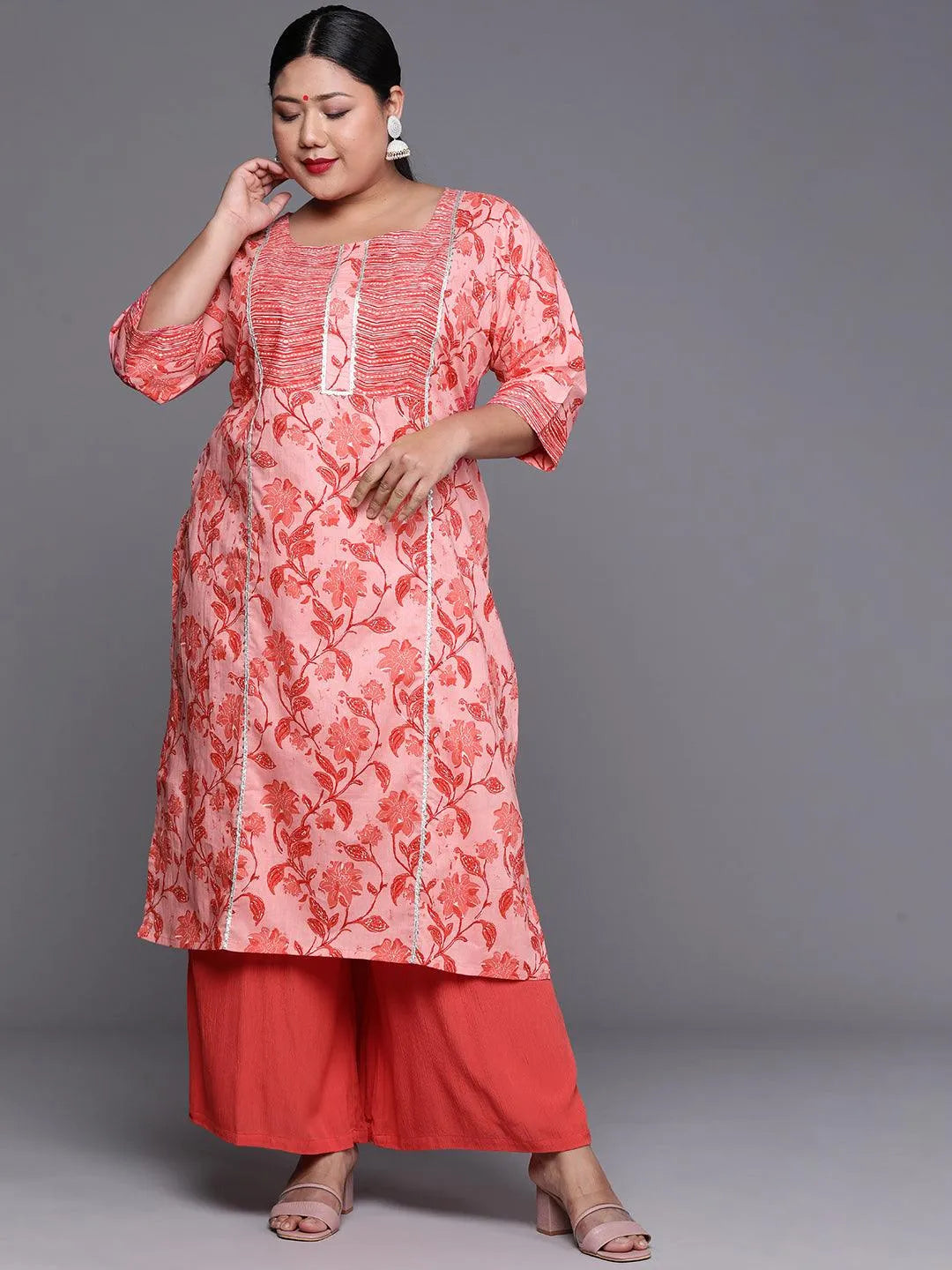 Plus Size Pink Printed Cotton Kurta - Jashvi