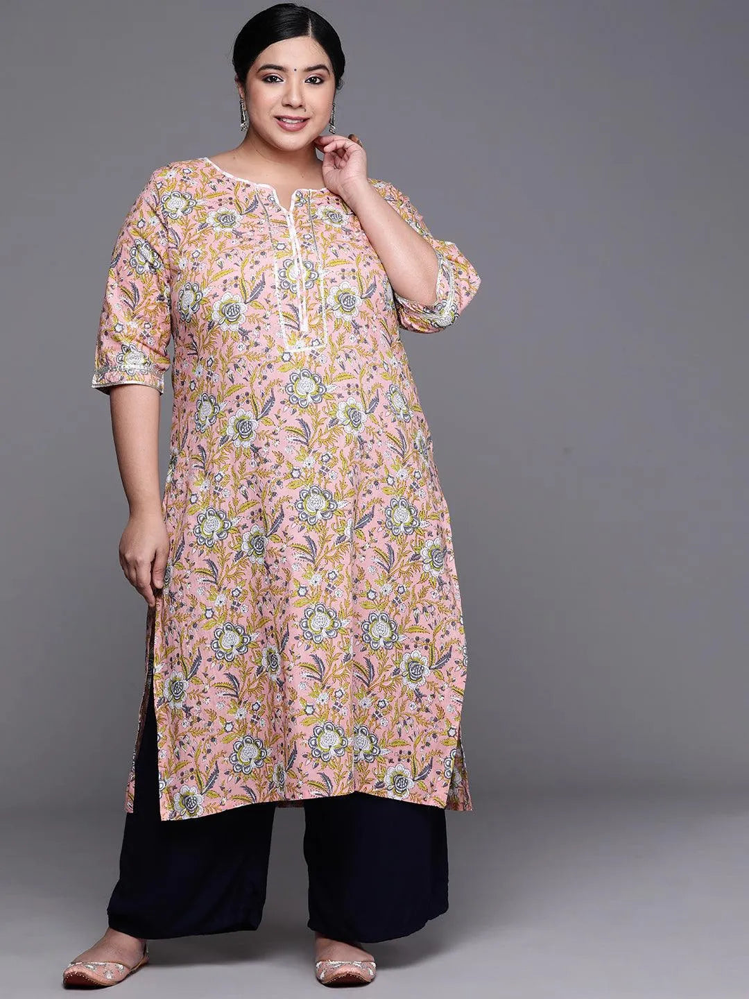 Plus Size Pink Printed Cotton Kurta - Jashvi