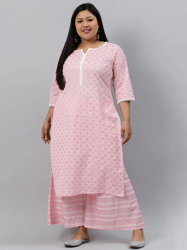 Plus Size Pink Printed Cotton Kurta - Jashvi