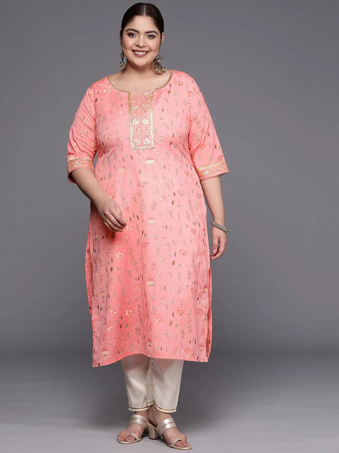 Plus Size Pink Printed Cotton Silk Straight Kurta - Jashvi