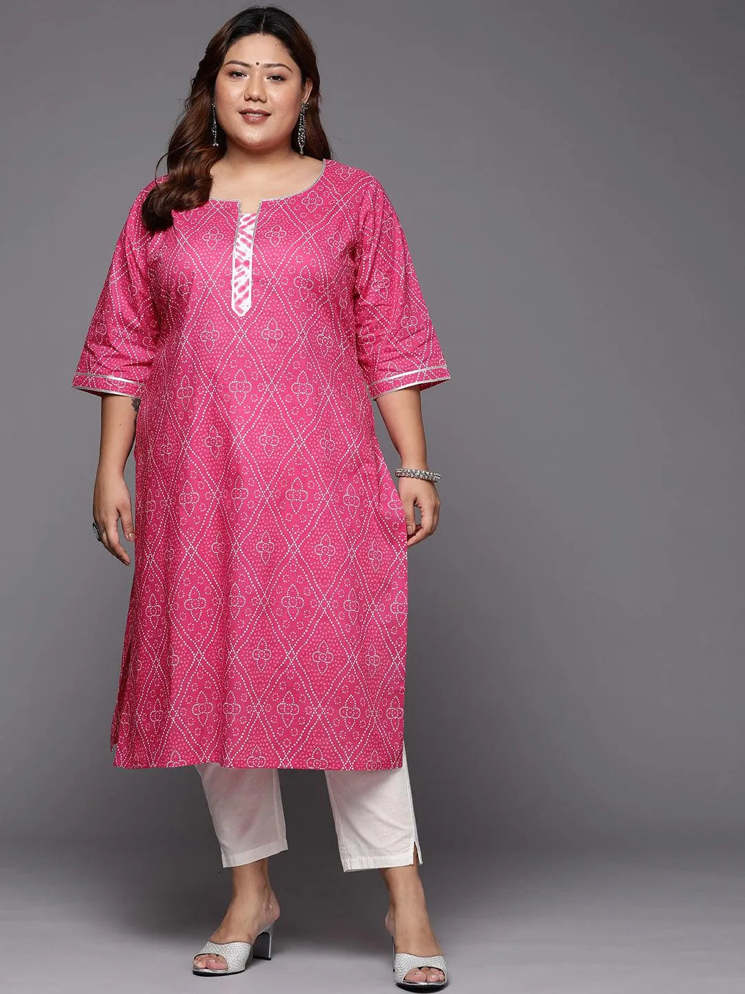 Plus Size Pink Printed Cotton Straight Kurta - Jashvi