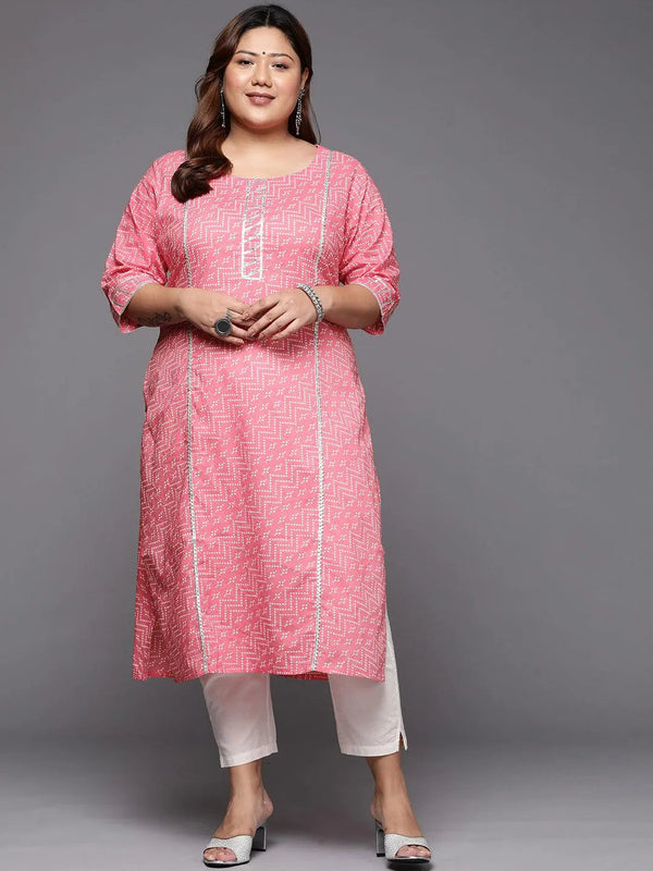 Plus Size Pink Printed Cotton Straight Kurta - Jashvi