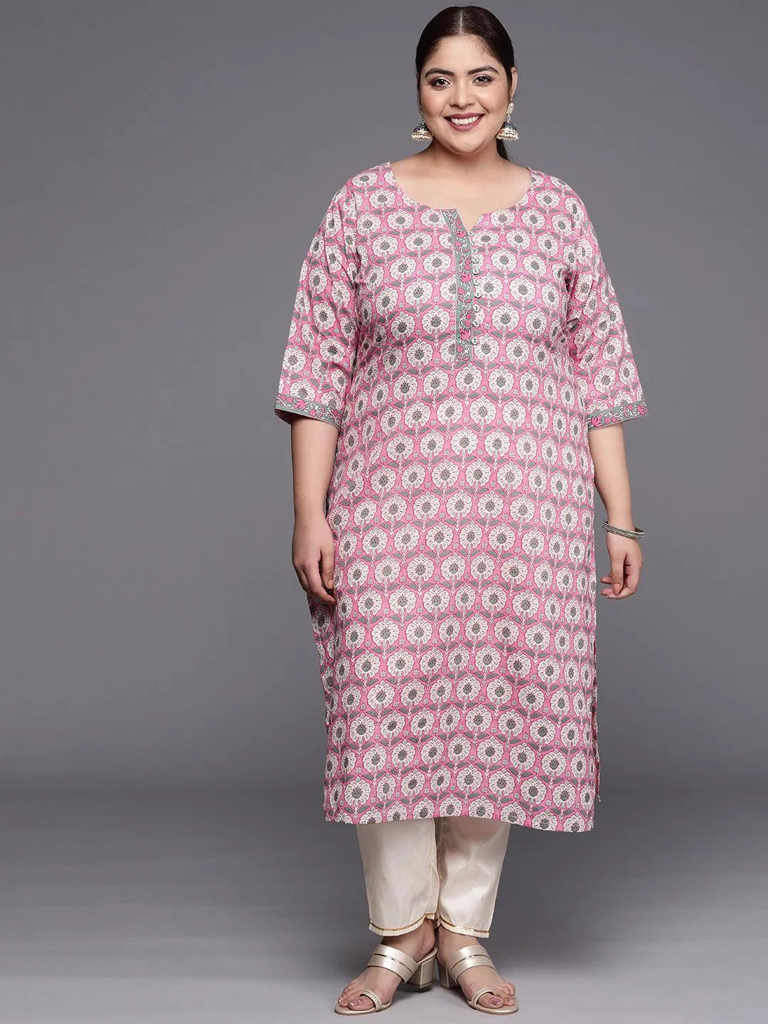 Plus Size Pink Printed Cotton Straight Kurta - Jashvi