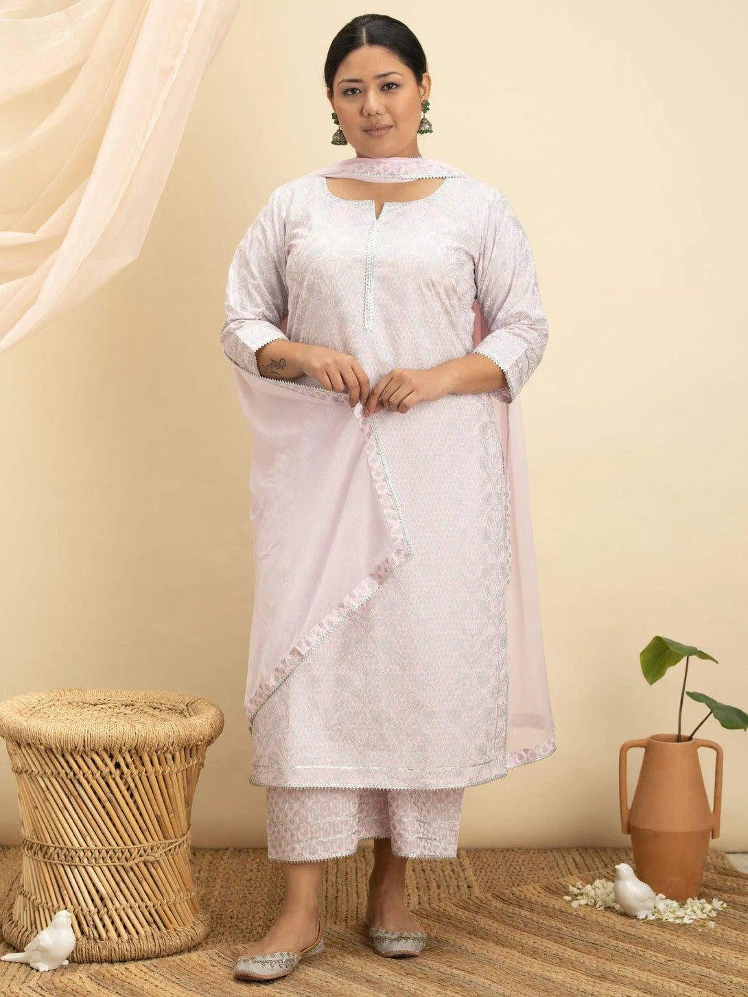 Plus Size Pink Printed Cotton Suit Set - Jashvi