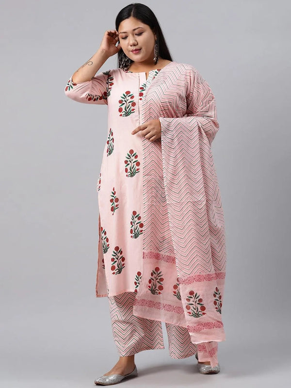 Plus Size Pink Printed Cotton Suit Set - Jashvi