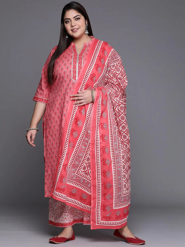 Plus Size Pink Printed Cotton Suit Set - Jashvi