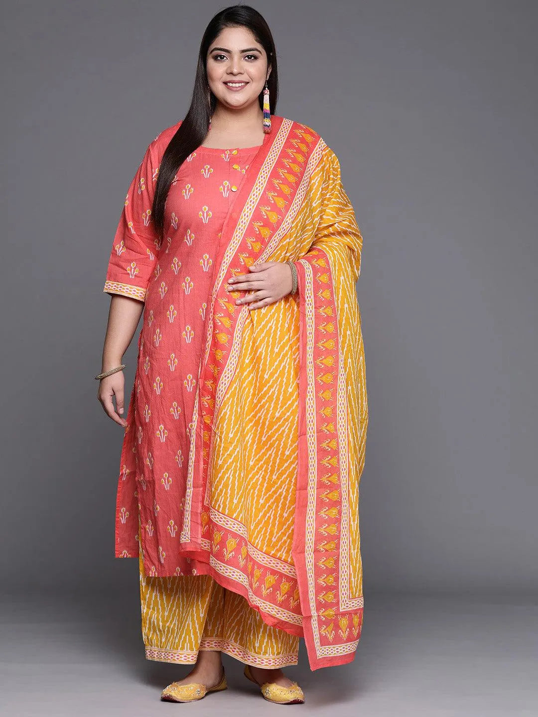 Plus Size Pink Printed Cotton Suit Set - Jashvi