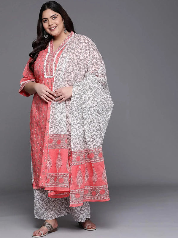 Plus Size Pink Printed Cotton Suit Set - Jashvi