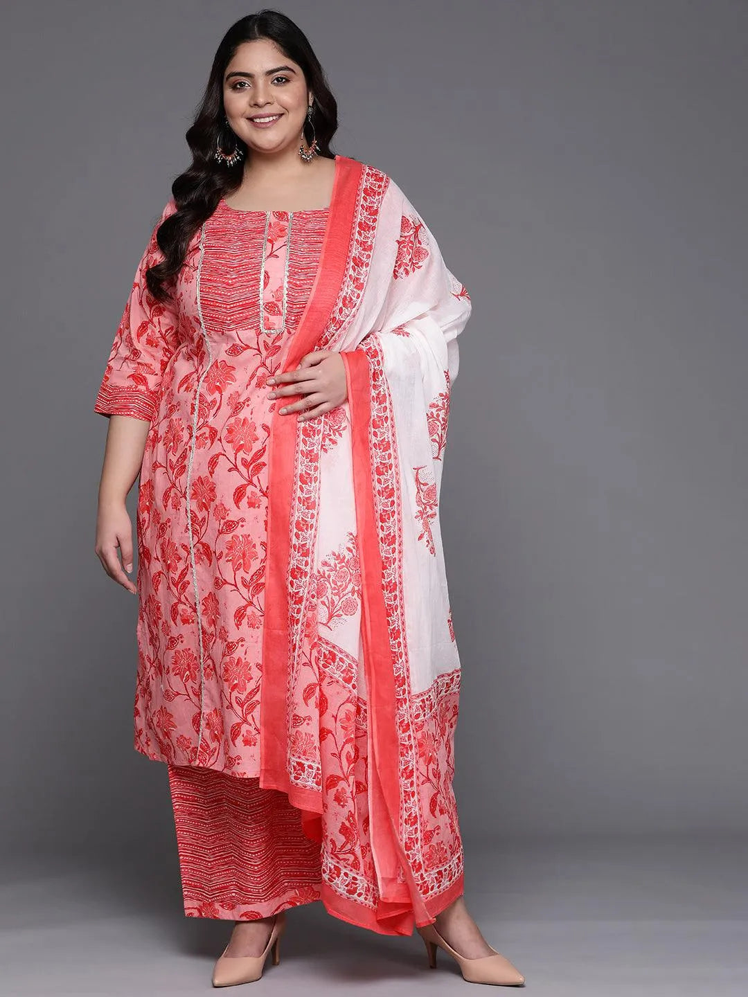 Plus Size Pink Printed Cotton Suit Set - Jashvi