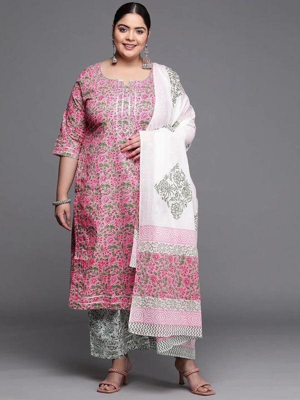 Plus Size Pink Printed Cotton Suit Set - Jashvi