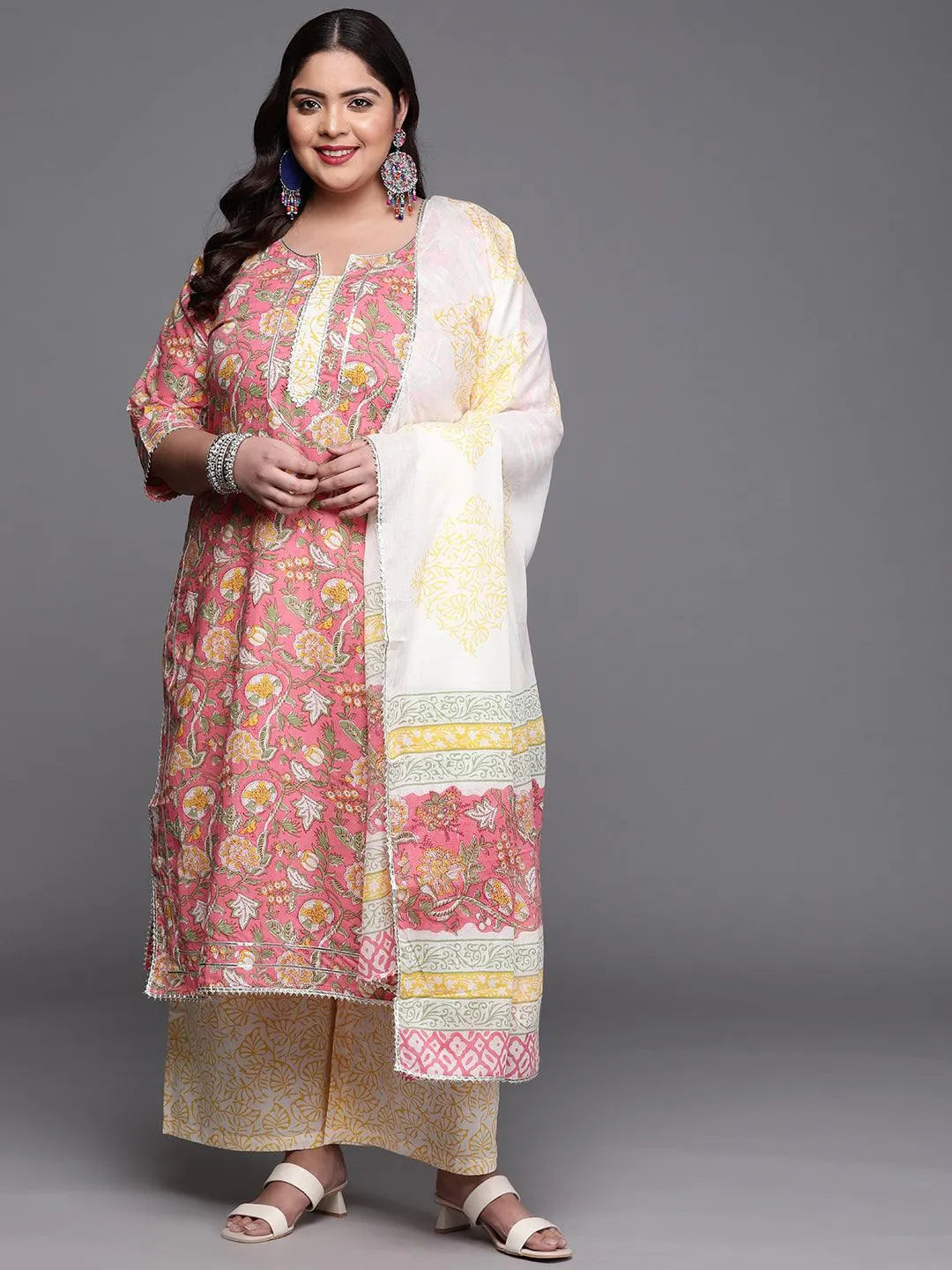 Plus Size Pink Printed Cotton Suit Set - Jashvi