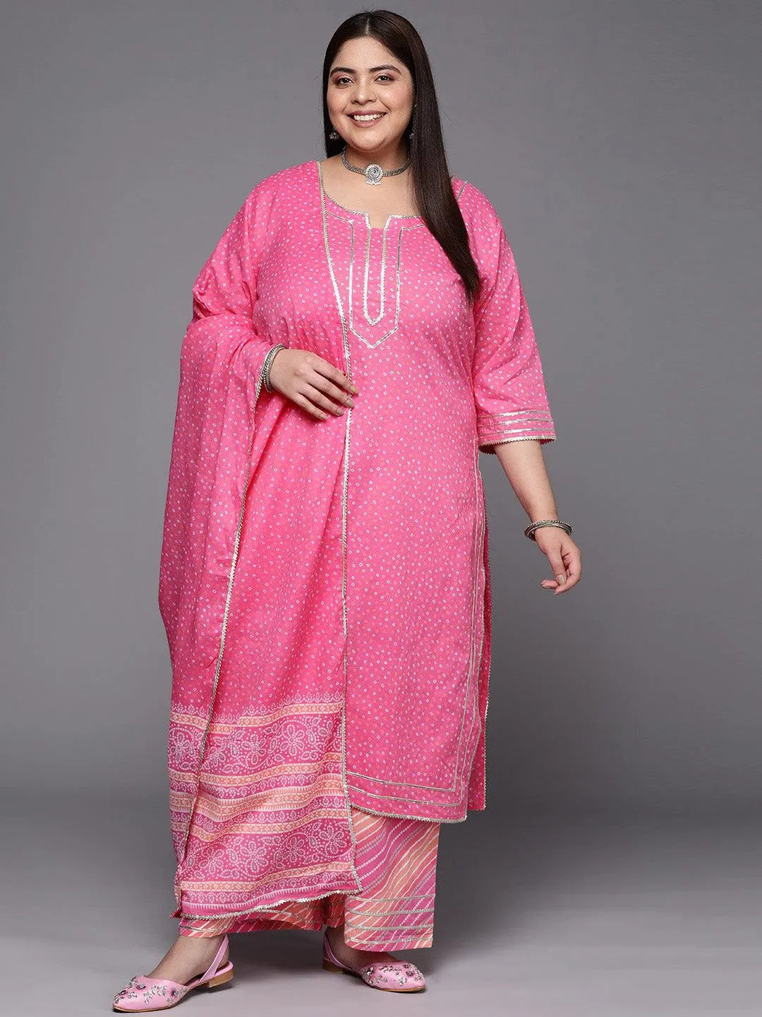 Plus Size Pink Printed Cotton Suit Set With Palazzos - Jashvi