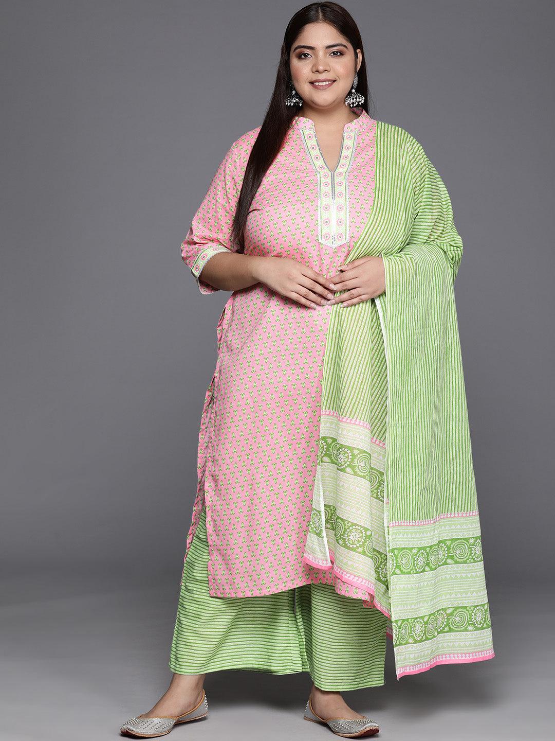 Plus Size Pink Printed Cotton Straight Kurta With Palazzos & Dupatta - Jashvi