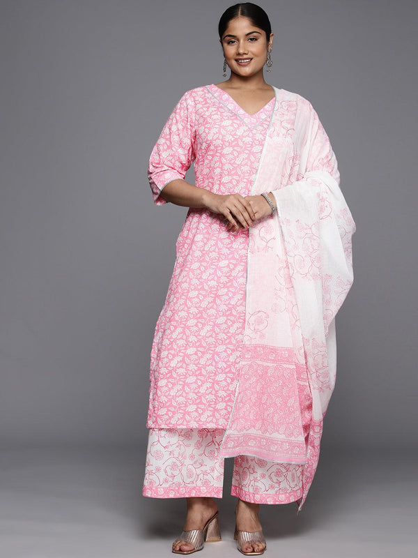 Plus Size Pink Printed Cotton Straight Kurta With Palazzos & Dupatta - Jashvi